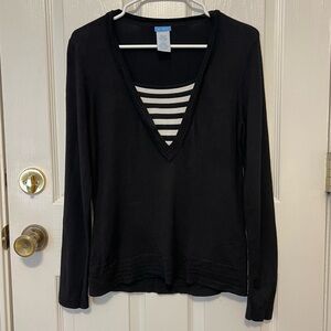 ✨Y2K✨ U-Wish Black V-Neck Striped Ruffle Hem Long Sleeve Women's Top Medium